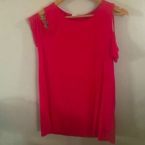 Bom Bom brand, made in USA, bright pink, shoulders out with crisscross